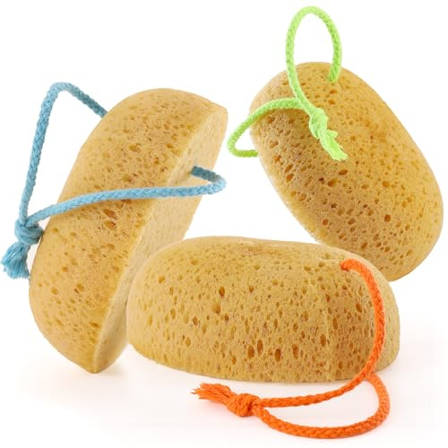 Azymi Sponges Shower, 3Pcs Soft Bath Sponges for Women Men, Wash Sponges for Body Face Multipack, Dense Foam for Gentle & Deep Cleansing, Ultra-Soft for Sensitive Dry Skin (Assorted Color Loops)