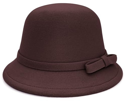 WULIQIUQIU Filzhut für Damen, Schleife, Fedora, Fischerhut, 1920er-Jahre, Vintage-Mütze, coffee, Einheitsgröße