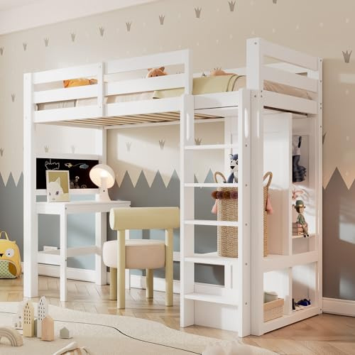 Merax Kinderbett Hochbett 90x200 cm, mit offenem Kleiderschrank, Schreibtisch und Regalen, Etagenbett mit Leiter, Lattenrost und Rausfallschutz, Ohne Matratze, Weiß/206×110×185cm