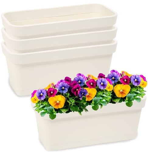 PECZEKO Juego de jardineras de plástico, jardineras para flores y hierbas, maceta resistente para balcón, 4 unidades, color crema, diámetro de 40 cm