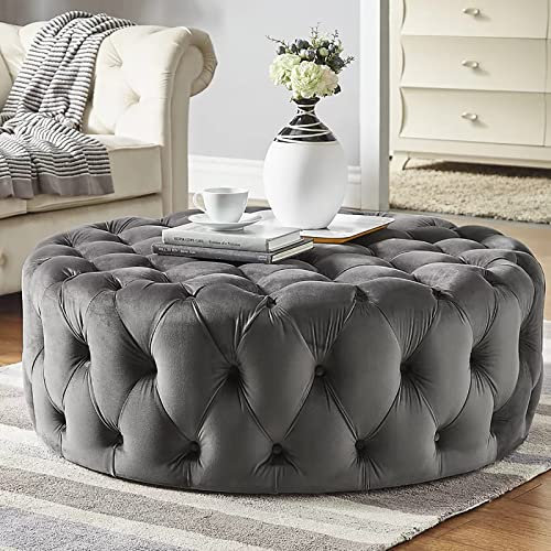 Luxuriöse Fußstütze aus Plüschsamt, modern, rund, stilvolle Bettbank für Wohnzimmer und Schlafzimmer, Dunkelgrau, 60 x 60 x 40 cm