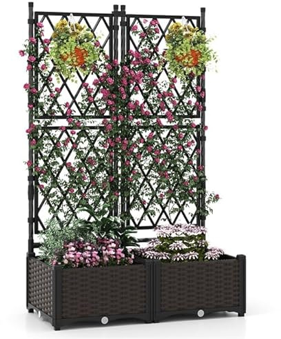 COSTWAY Letto da Giardino Rialzato in Metallo con Tralicci e Drenaggio | Orto Rialzato Alto con Traliccio per Fiori, Ortaggi e Erbe Aromatiche, Ideale per Giardino, Terrazzo e Balcone