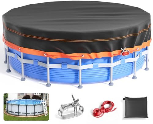 12Ft Round Pool Cover - Solar Covers for Above Ground Pools, Oxford Fabric Pool Covers for Above Ground Pools with Winch and Cable, Waterproof and Dustproof Swimming Pool Cover