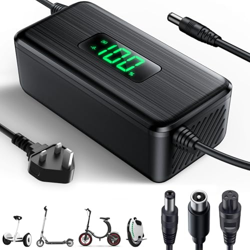 42V 2A Electric Scooter Charger with LED Charging Display (1-100%), for Hoverboard with 4 Connectors, UK Universal Charger for All 36V Batteries, 6 Layer Protection