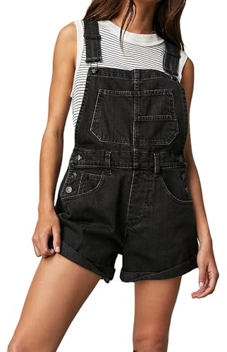 Kfsghdnz Women Denim Bib Shorts Overalls Adjustable Strap Suspender Wide Leg Jean Romper Shortalls Summer Casual Shorts Dungarees