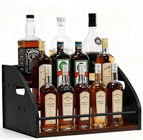 ICOHOT Liquor Bottle Display Shelf, 3 Tier Countertop Wine Rack, Coffee Syrup Rack Organizer Mini Bar Home, Whiskey Organizer with Handles, Retro Bar Shelf Stand for Liquor Spirits