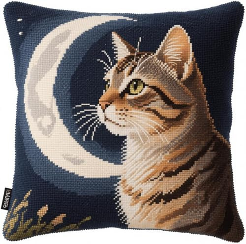 AxiangziK animal Coussin à Broder au Point de Croix,Chat et Lune,Kit Broderie à La Main Décoration Point de Croix Complet Broderie Pré-imprimé DIY,45x45cm