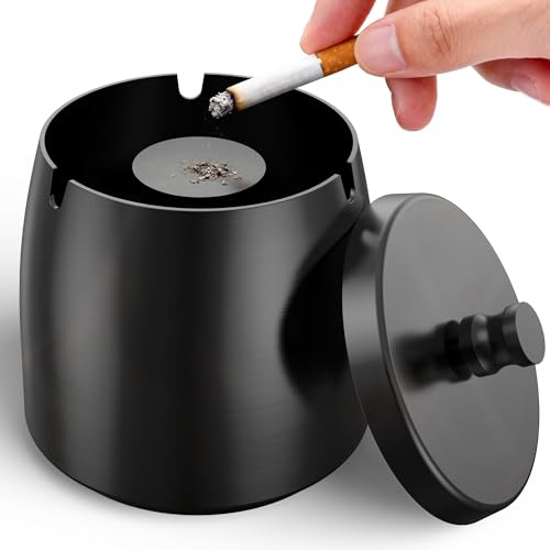 Black Ashtray with Lid, Stainless Steel Ash Tray for Outside Smell Proof Metal Ash Holder Windproof for Outdoor Patio Garden Home Bar Balcony Office Decoration