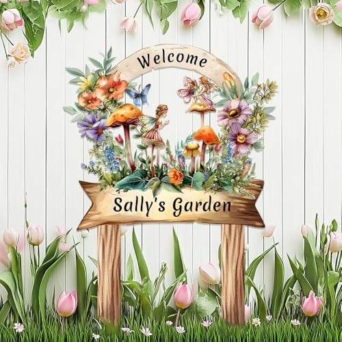 Cute Fairy Garden Signs Personalized with Stake,Custom Flowers Metal Sign Welcome Plaque for Outside,Customized Butterfly Gardening Housewarming Gift for Gardener,Mushroom Decor for Lawn Yard Outdoor
