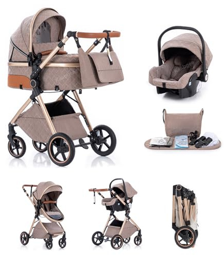 Kakbgee Cochecito 3 en 1 con Silla de Coche, Carrito bebé Plegable, Manillar 7 Alturas, Suspensión 4 Ruedas, Funda de Lluvia y Mosquitera, Sistema de Viaje para Recién Nacidos 0-3 Años (15kg), Caqui