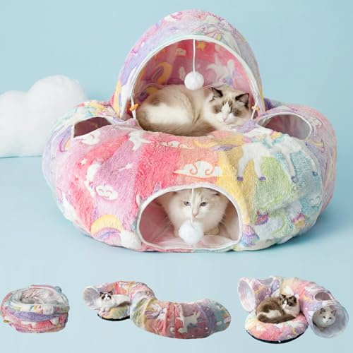 Cama para gatos con función luminosa, túnel de peluche XXL con pelota, túnel grande para gatos, conejos o cachorros