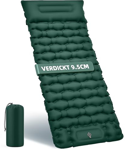 Liggunderlag camping luftmadrass 9,5 cm tjock, 200 x 69 cm ultralätt luftmatta uppblåsbar madrass med kudde utomhus vattentät campingmatta sovmatta för strand, tält, vandring