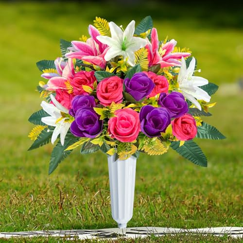 Cemetery Flowers for Grave, Set of 2 Memorial Day Flower with Roses, Lilies