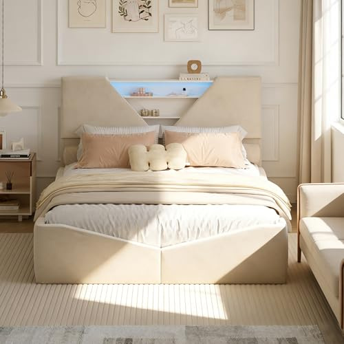 LLODERY Polsterbett 140x200 cm, Doppelbett mit Bettkasten, Design Hydraulisches Stauraumbett, Jugendbett mit Lattenrost, Geometrisches Kopfteil mit offenem Stauraum, Beige, Samt