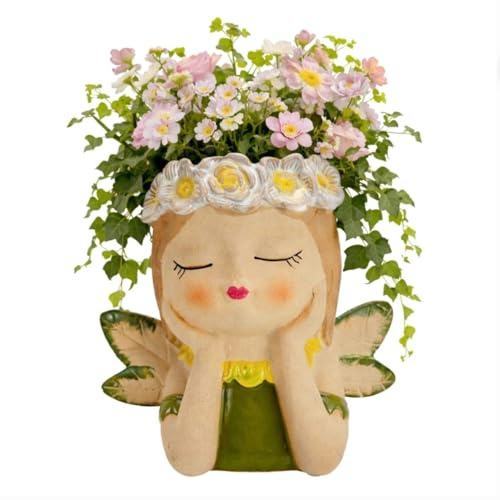 Online Fuchs Blumentopf Frauenkopf, Mädchen Gesicht für Blumen, Pflanzen oder Kräuter - Pflanztopf oder als Vase - aus Keramik gefertigt, 17 cm groß (Fee mit Flügel)