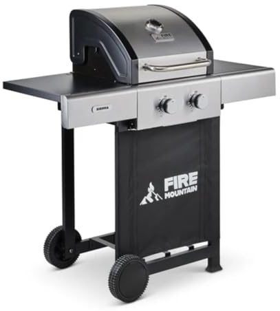 Fire Mountain Sierra 2 Burner Gas BBQ Stainless Steel with Cast Iron Grill Compact Outdoor Barbecue for Garden Patio Balcony 40 x 42cm Cooking Area