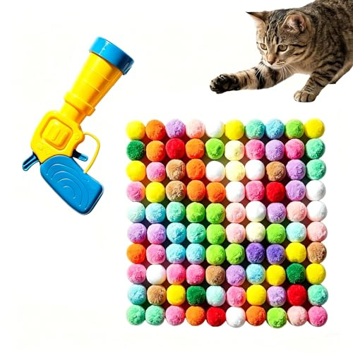 Psxixjsm Katzenspielzeug 100 Bälle, Interaktives Katzenspielzeug‑Set mit Katzenballwerfer, Katzenspielzeug Bälle mit Startwerkzeug für Wohnungskatzen