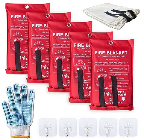 Fire Blanket Fire Suppression Blanket | Fiberglass Fire Blankets Emergency for People Flame Retardant Fireproof Survival Safety Kitchen, Fireplace, Car, Office, Warehouse, 5 Pack (39.3 X 39.3 inch)
