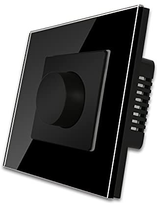 CNBINGO Rotary Dimmer Switch, Manual Light Switches for Dimmable LED/Incandescent/Halogen Lamps, Black Tempered Glass, No Neutral Wire Required, 1 Way, 220V AC, 500W