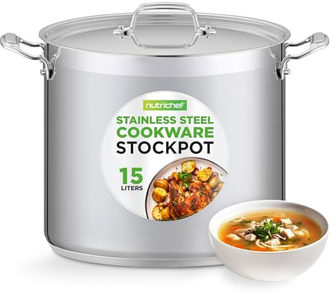 NutriChef Marmite Inox 14 L avec Couvercle – Faitout Acier Inoxydable 18/8 – Marmite Grande Capacité à Soupe et Bouillon – Compatible Tous Feux dont Induction