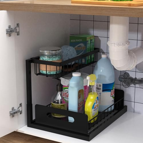 bukfen Organizador para debajo del fregadero, organizador de gabinete extraíble de 2 niveles, estante deslizante debajo del gabinete, almacenamiento multiusos para debajo de la cocina, baño,
