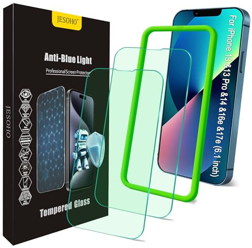 JESOHO Blue Light Screen Protector for iPhone 13/13 Pro/14/16e/17e (6.1inch), Eye Protection Tempered Glass Film, Scratch-Resistant, No Bubble with Easy Installation Kit, 2 Pack