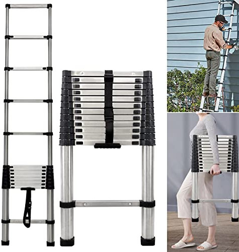 7Sevenjokers Tall Telescopic Extension Ladders Stainless Steel Foldable Telescoping Ladder 12.5ft/3.8m Retractable Telescope for Home RV Loft Attic, Lightweight Pull-Out Ladder, 150kg Load Capacity