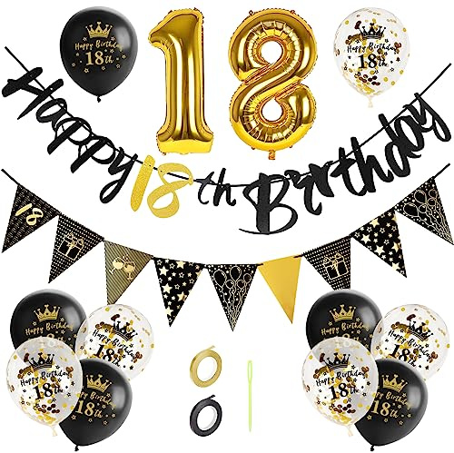 GoldRock Luftballons 18 Geburtstag Deko Schwarz Gold Set, Deko 18. Geburtstag Junge Mädchen, Geburtstagsdeko 18 mit Happy Birthday Girlande, Folienballon Zahl 18, Dekoration zum 18 Geburtstage