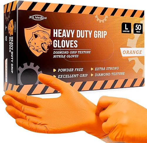 JFA Medical Disposable Heavy Duty Mechanic Powder Free Latex Free Orange Diamond Grip Nitrile Gloves - Box of 50 (Large)