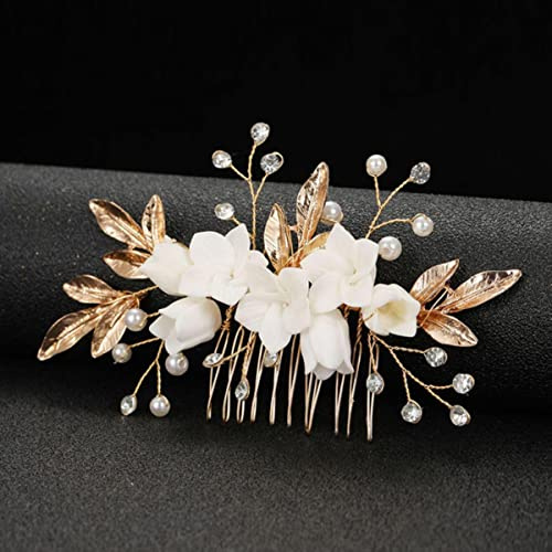 Handgemachte Porzellan Blume Kristall Perlen Braut Haarkamm Hochzeit Kopfschmuck Frauen Haarschmuck-1554 Gold