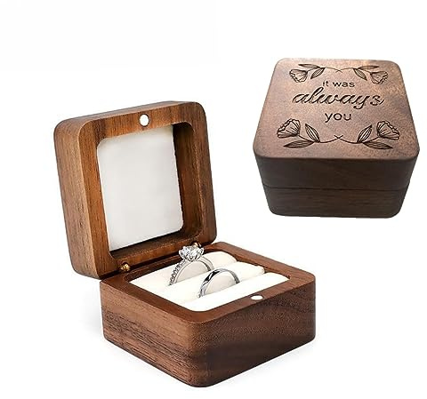 molchagar Wooden Ring Box for Wedding Ceremony, Rustic Ring Holder for Proposal, Engagement, Anniversary, Flora Engraved Jewelry Gift Box for lover's Birthday…