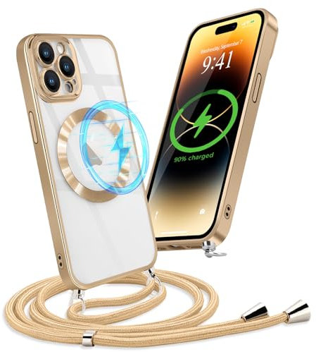 Micoden Handykette Hülle für iPhone 14 Pro mit Band Kompatibel mit MagSafe Kabellosem Laden Kameraschutz Vollständiger Transparent Silikon Case Kordel zum Umhängen Handyhülle Schutzhülle,Gold