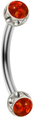 AZARIO LONDON Double Red Opal Stone with Epoxy Crystal Stone Ball with 16 Gauge - 10mm Length Stainless Steel Curved Barbell Eyebrow Bar, Tragus Piercing Jewellery