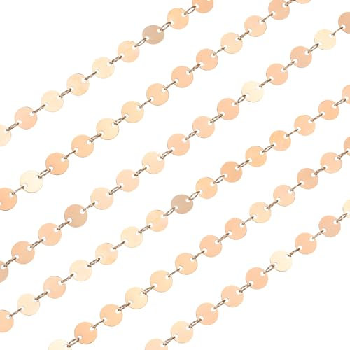 QUARKZMAN Catena a Maglie di Paillettes, 6,56 Piedi x 6mm Catene Collana con Catene a Maglie Tonde Piatte Placcate Rosa Oro per Creazione Gioielli Braccialetti Fai-da-Te Collane
