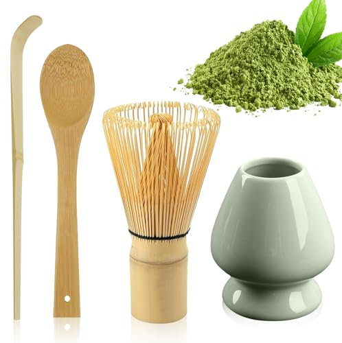Juego de 4 escobas Matcha, juego de 4 escobas para matcha TOATELU (100 cerdas), batidor de matcha con 2 cucharas de matcha, soporte para la ceremonia del té tradicional japonesa, JKP983