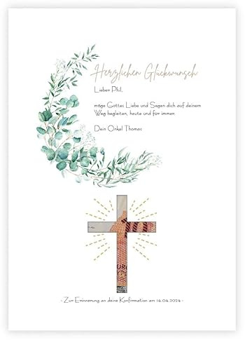 321GESCHENKE Personalisiertes Geldgeschenk „grüner Kranz” zur Kommunion/Firmung/Konfirmation oder Taufe, mit ausgeschnittenem Motiv, mit Namen und Widmung, Kinderzimmer (Motiv: KREUZ)