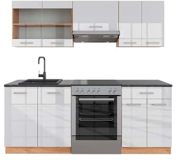 Vicco Küchenzeile R-Line, Weiß Hochglanz/Goldkraft Eiche, 200 cm, AP Anthrazit