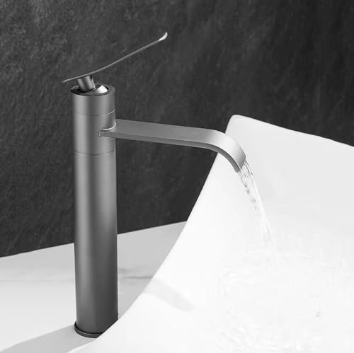 Wasserhahn Bad für Waschbecken Wasserfall Hoch 360° Drehbar Einhebelmischer Aufsatzwaschtisch Warm und Kalt Grau Armatur für Waschbecken Badezimmer Badarmatur Waschbeckenarmatur
