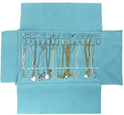 UnionPlus Velvet Travel Jewelry Roll Bag Organizer for Necklace, Elastic Band and Anti-winding, River Blue