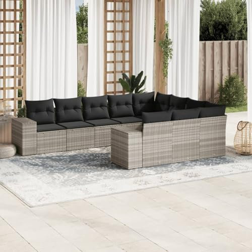 Homgoday 10-TLG. Garten Sofagarnitur mit Kissen Gartenmöbel Balkonmöbel Gartenlounge Lounge Sofa Balkonlounge Gartensofa Sitzgruppe Balkonsofa Gartenset Hellgrau Poly Rattan