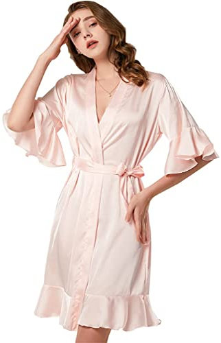 KXQYIKYI Peignoir Femme Peignoir à Volants Col en V Pyjama Kimono Été Doux Satin Soie Mousseline de Soie Vêtements de Nuit Fête de Mariage avec Ceinture pour Mariage Mariée Demoiselles d'honneur (Vin