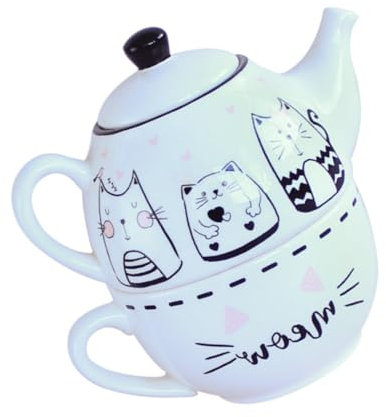 Cabilock Juego de Tetera y Taza de Cerámica Diseño de Gato Adorable para Amantes del Té, Decoración Creativa Hogar y Obsequio Adecuado para Inauguración