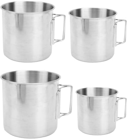 equlup Tasse de Camping, 4 pièces 270 ml 380 ml 550 ml 750 ml tasse de Camping en acier inoxydable Pot poignée pliable tasses gigognes avec sac de rangement pour barbecue en plein air