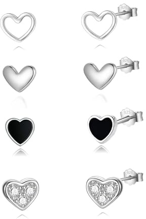 HinDaLi 4 par kärlek hjärta knoppörhängen för kvinnor flickor 925 sterling silver örhängen set svart hjärta örhängen silver dubbar örhängen silver sovörhängen brosk kubisk zirkonia örhängen dubbar,