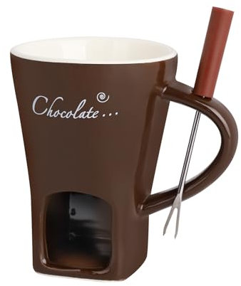 Ceramic Butter Chocolate Fondue Mug - Melting Chocolate Pot with Fork, Cheese Warmer Cup, Light Candle Fondue Melter Set for Melting Hot Chocolate (Brown)