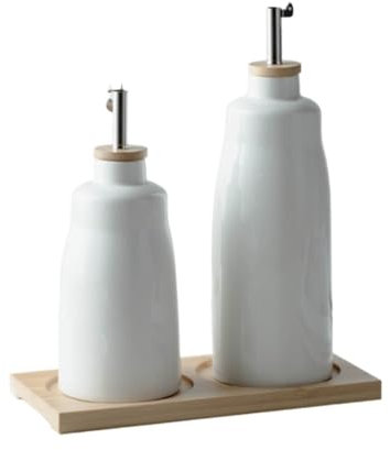 AMULONG Aceitero Aceitera y Vinagrera Juego De Dispensador De Aceite Y Vinagre De Cerámica For Cocina Con Bandeja De Bambú Recipiente De Aceite De Porcelana Aceiteras para Cocina