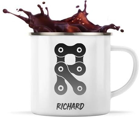 Planetee Tasse Métal Richard Lettre Chaine Mécanique | Mug Émaillé | Idée Cadeau Prénom Motard Biker Mob Anniversaire Oncle Parrain Beau Papa Collègue Départ Retraite Noël