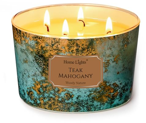 HomeLights Grande bougie en pot | Bougies parfumées longue durée à 4 mèches, 18oz en cire de soja naturelle, pour une ambiance chaleureuse et raffinée Teck acajou