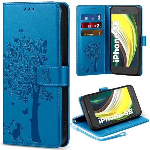 EASDNB Handyhülle für iPhone 7/8/SE Hülle Lederhülle Flip Wallet Case | 3 Kartenfächer, Magnet, Ständer, Premium Leder Prägung, Magnetic Closure, RFID Blockierung Klapphülle, Blau