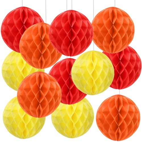 We Moment Zone 12 Stück Rot, Orange, Gelb Papier Wabenbälle,Seidenpapier Honeycomb Balls for Rot Orange Gelb Party Dekoration(6inch，10inch)